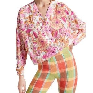 NEW! Smythe Pink Begonia Floral Oversized Criss Cross Blouse - Sz S